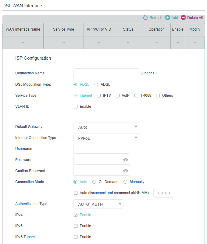 Image of DSL WAN configuration interface