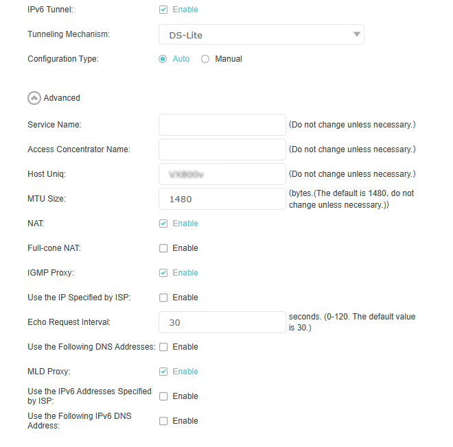 IPv6 tunnel parameters and configuration page