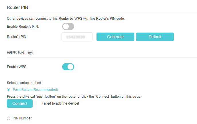 Image of WPS connection settings