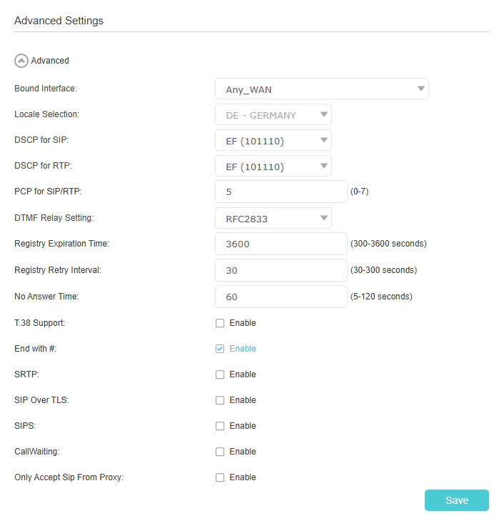 Image of advanced settings for telephone number