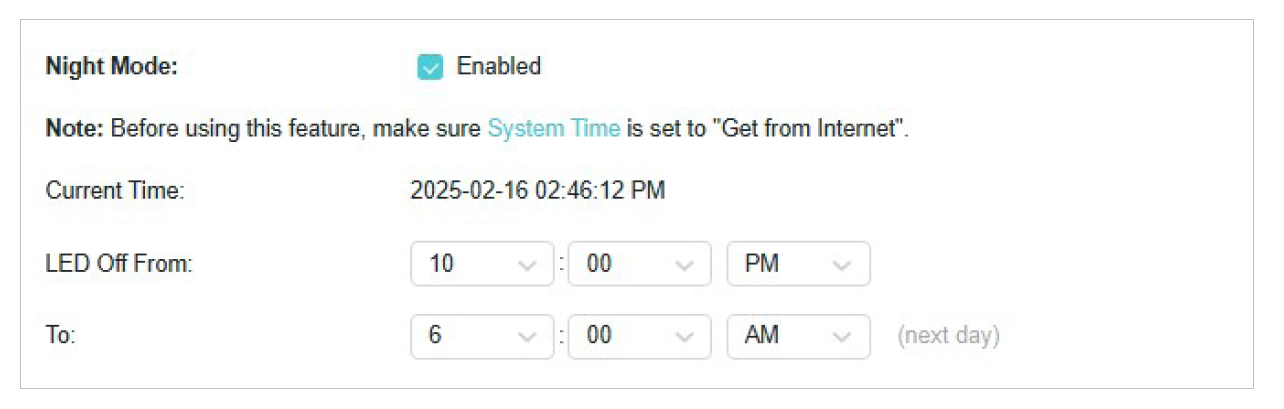 enable night mode and specify a time period when LEDs are off