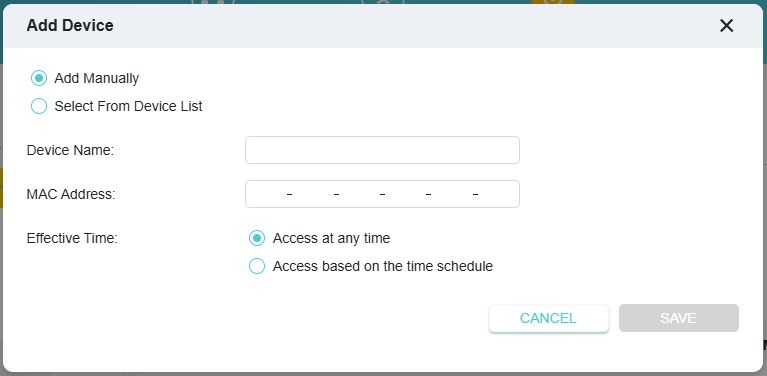 Enter the device's name and MAC address and set the Effective Time for this entry.