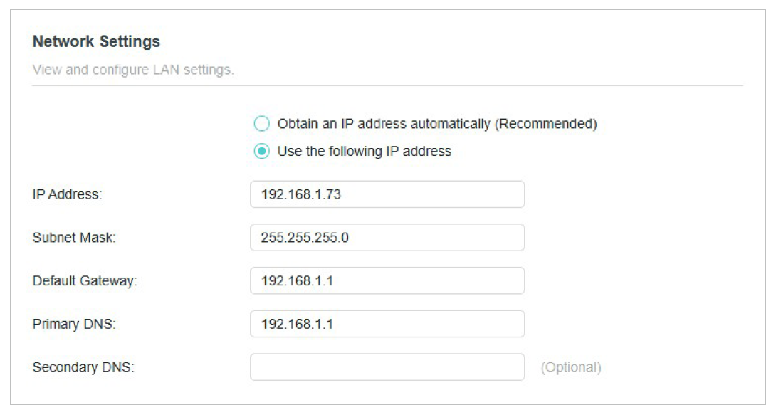 Select Use the following IP address in the network settings and fill in other necessary information