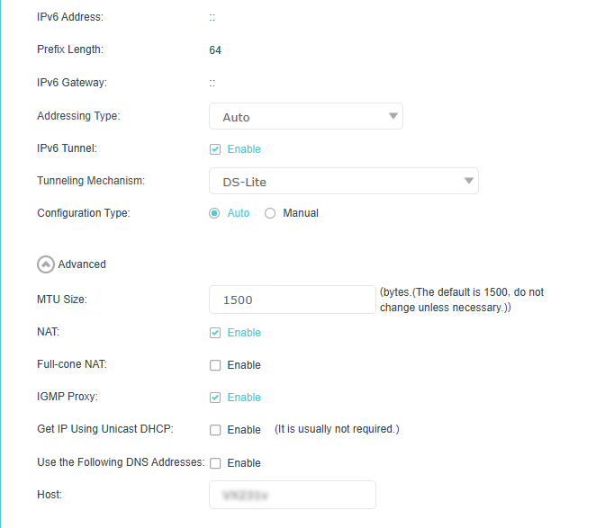 IPv6 tunnel parameters and configuration page