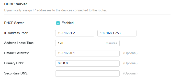 Enter 8.8.8.8 as Primary DNS in the DHCP Server settings
