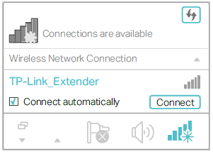 Click the Wi-Fi icon on the taskbar and connect to the extender’s wireless network: TP-Link_Extender