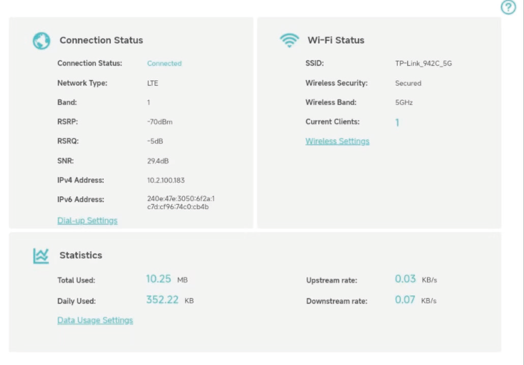 Web management page displaying data usage