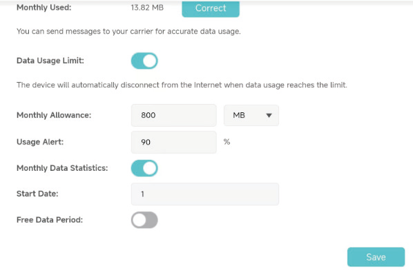 Monthly data usage settings interface