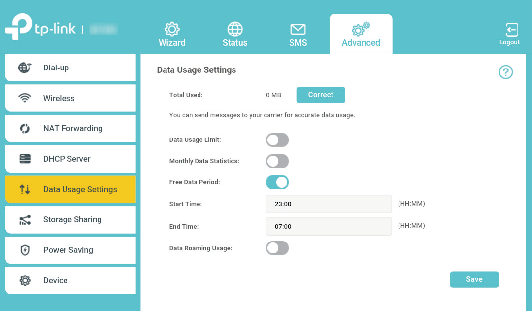 Settings interface for free data period