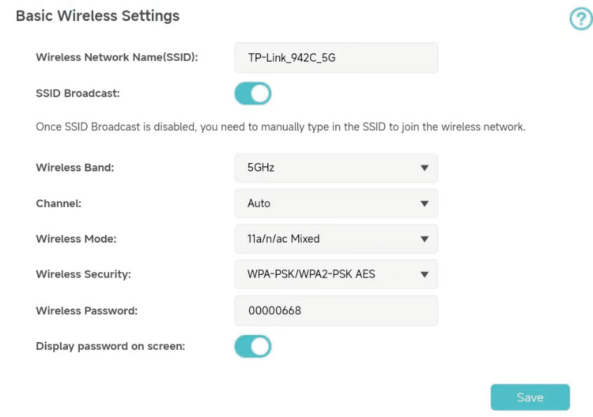 A screenshot of the settings page where you can enter a new SSID and wireless password.