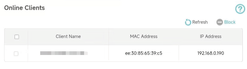 A screenshot of the Online Clients list with options to select devices for blocking.