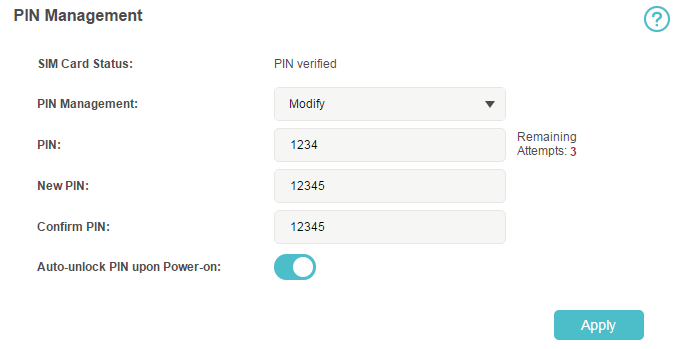 A screenshot showing fields for entering the current and new PIN codes, along with a note about the length requirement.