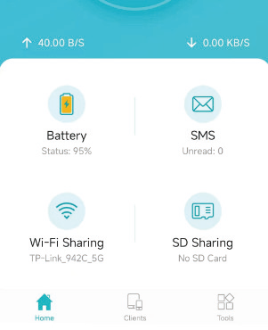 tpMiFi app interface displaying the SD Sharing feature to view, download, and upload multimedia files.