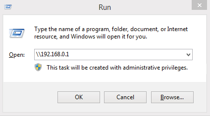 Windows Run dialog box with the default IP address (\192.168.0.1) entered for accessing the SD card.