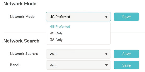 Web interface screenshot displaying options for selecting different network modes (4G Preferred, 4G Only, 3G Only).