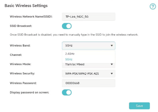 Web management page screenshot highlighting where users can set their desired wireless frequency band.