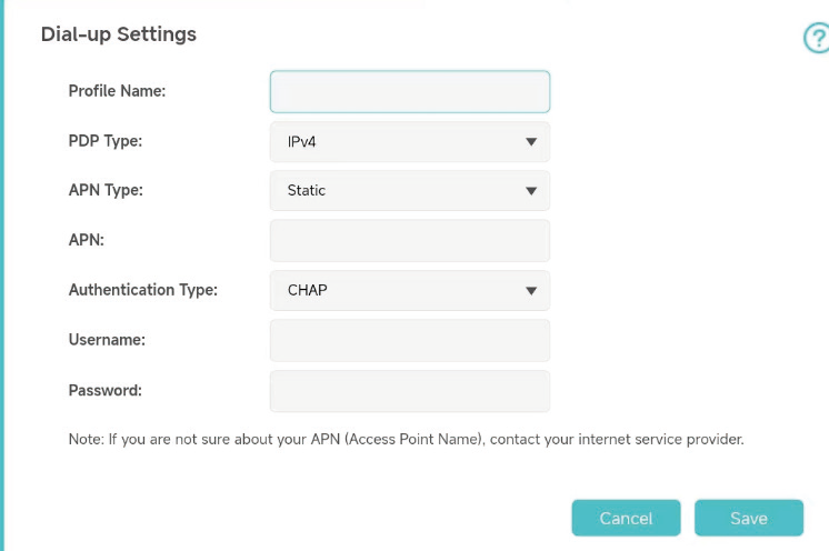 Diagram showcasing form fields necessary for entering custom dial-up configuration details like APN, username, password, etc., based on carrier information.