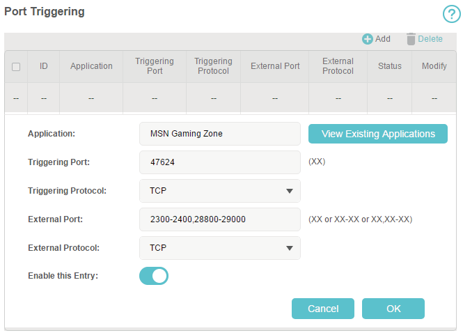 locate +Add in Port Triggering page