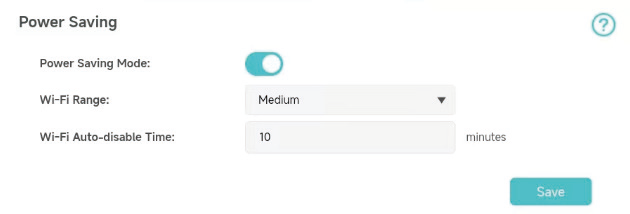 Web interface screenshot displaying options for adjusting Wi-Fi range (Long, Medium, Short) within power saving settings.