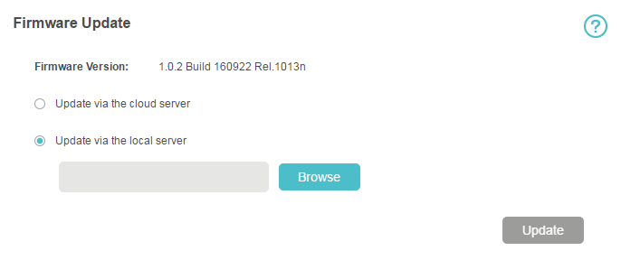Advanced > Device > Firmware Update page with Update via the local server selected