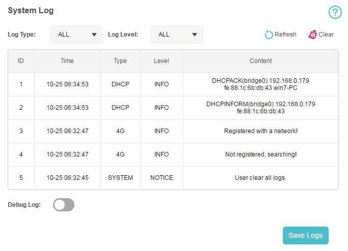 the  Advanced > Device > System Log page
