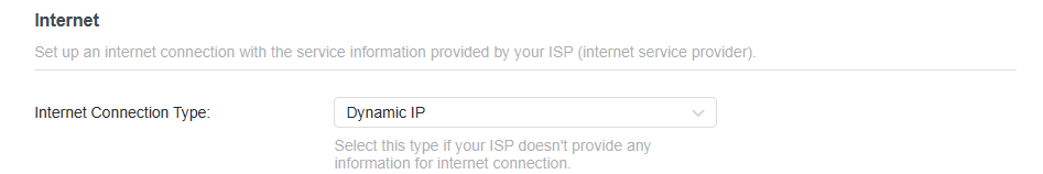 the Internet page and Dynamic IP is selected as connection type