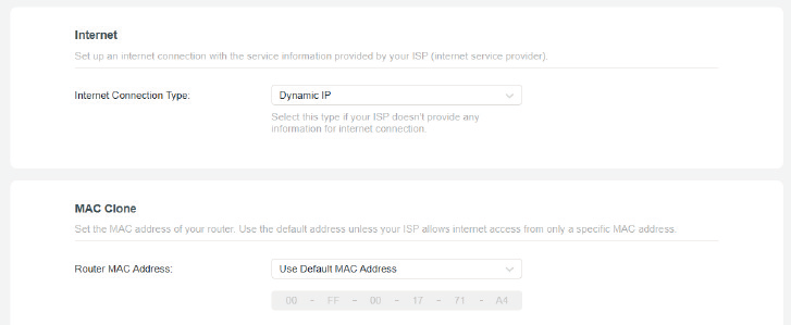 the page to choose Dynamic IP, abd to select whether to clone the MAC address