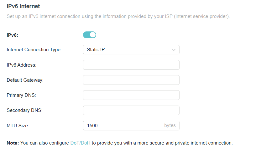 The IPv6 page when you choose Static IP as connection type