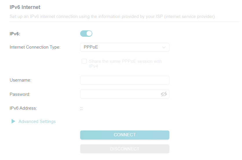 The IPv6 page when you choose PPPoE as connection type