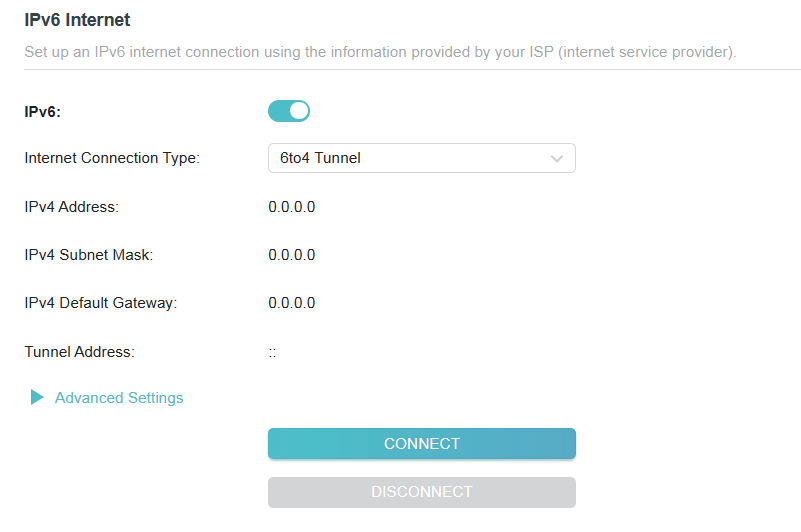 The IPv6 page when you choose 6to4 Tunnel as connection type