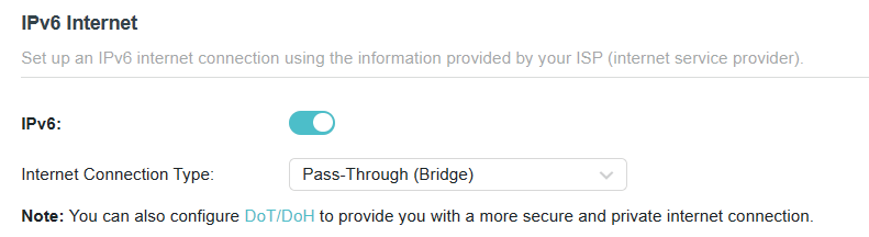 The IPv6 page when you choose Bridge as connection type