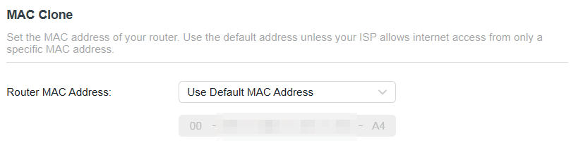 the MAC Clone page when Use Default MAC Address is chosen