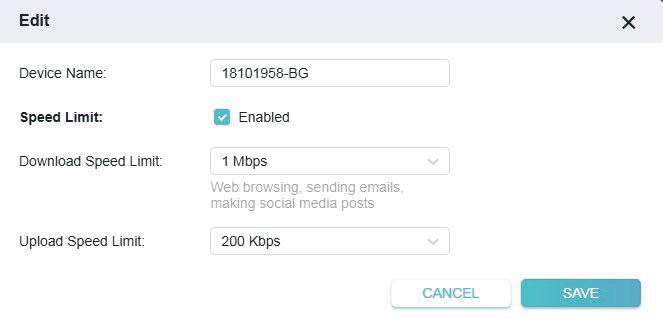 the window to configure download and upload speed limit