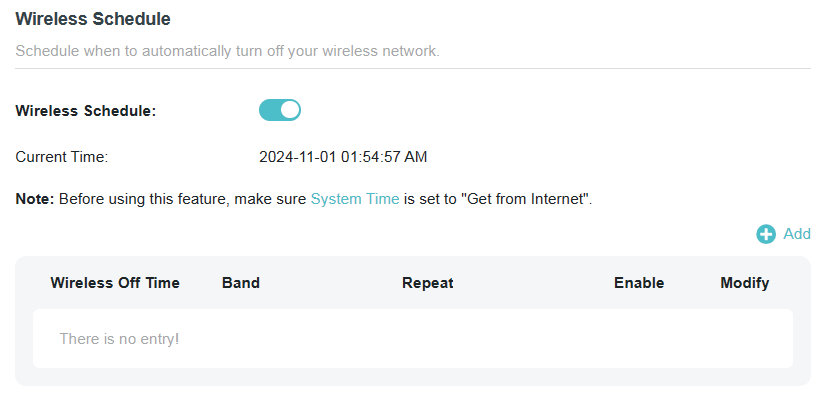 Advanced > Wireless > Wireless Schedule page with Wireless Schedule function enabled