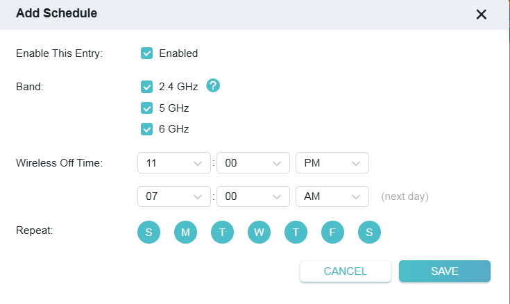 dialog box to specify the wireless off band