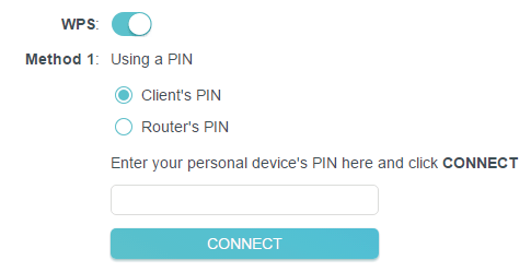 Advanced > Wireless > WPS page with Client's PIN selected