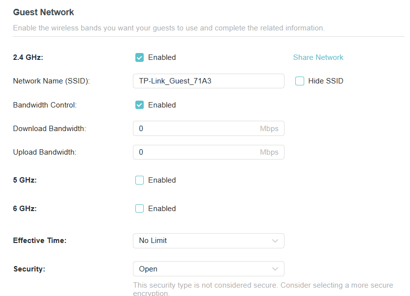 guest network page with the Enable checkbox for the 2.4GHz or 5 GHz wireless network