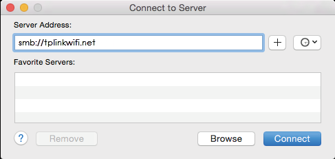 the Go > Connect to Server page with smb://tplinkwifi.net in the address bar