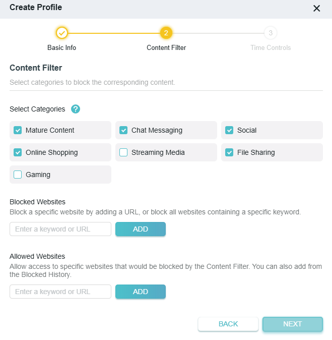 the window to set content filter of the profile