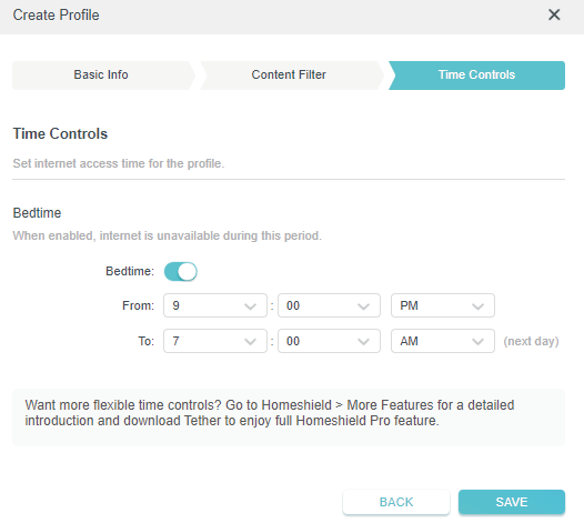 the window to set time controls of the profile
