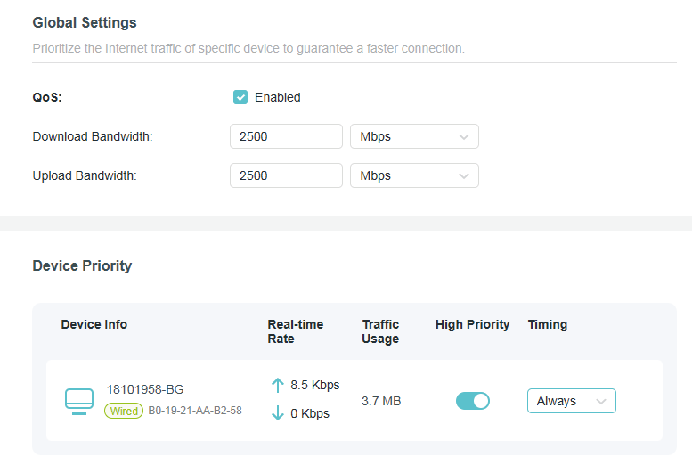 the QoS Global settings page