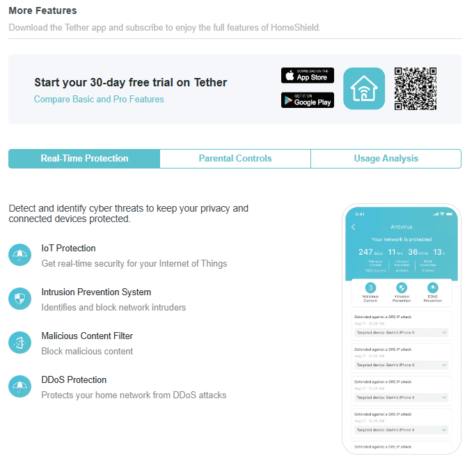 the more features page of HomeShield