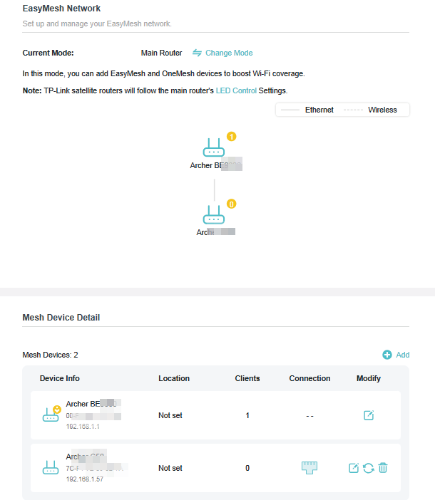 EasyMesh page when a device is added