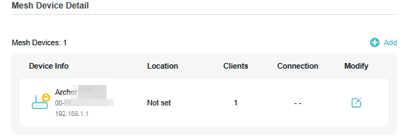 Locate the Mesh Device Detail section and click +Add
