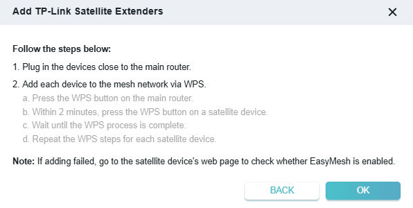 Follow the page instructions to prepare your satellite extender, then click OK.