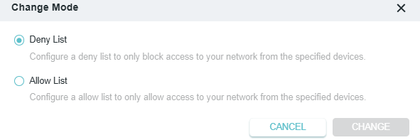 Deny List is selected in the Change Mode window
