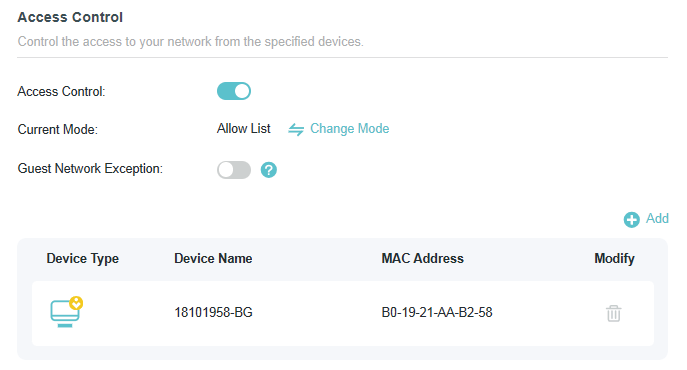 Access Control page with allow List selected