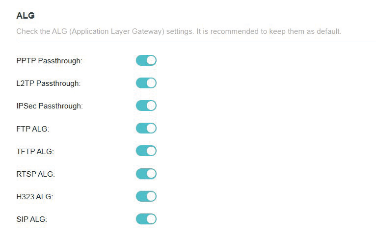 options in Advanced > Security > ALG page