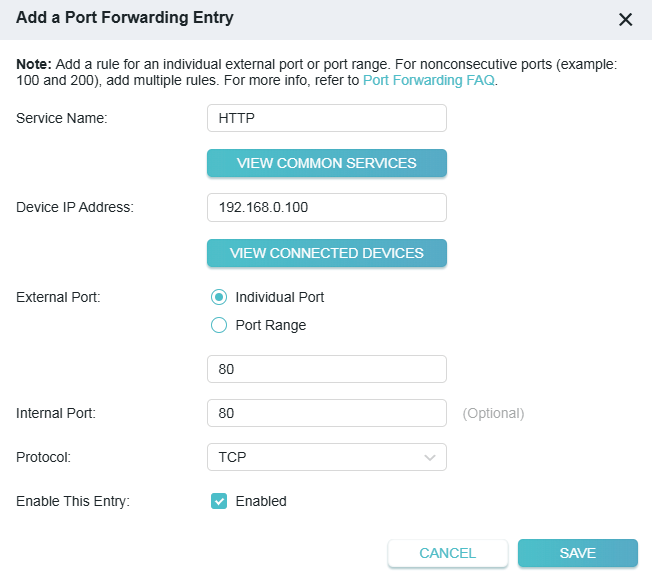 dialog box to add port forwarding entry with HTTP as service name