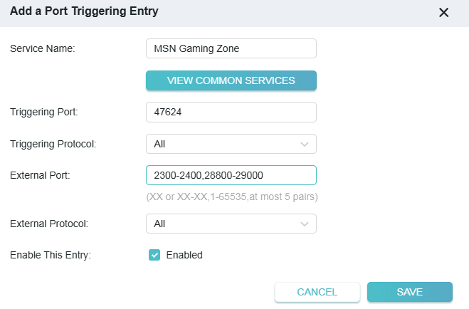 dialog box to add port forwarding entry with MSN Gaming Zone as service name